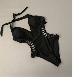 Ladies Black V-neck Cutout One Piece Swimsuit Size Medium